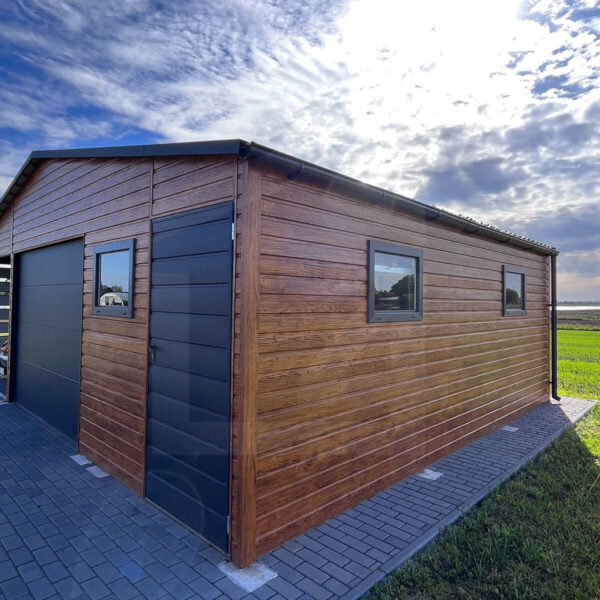 Garaż dwuspadowy Złoty dąb Premium 14m x 6m z wiatą