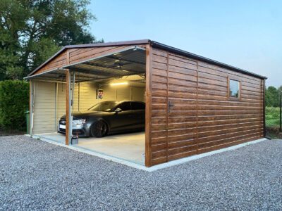 Garaż dwustanowiskowy dwuspadowy Orzech 6m x 6m podniesione bramy uchylne