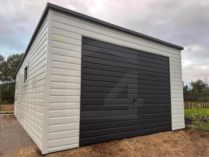 Garaż blaszany jednospadowy 4 m x 6 m Biały z bramą uchylną Grafit Mat