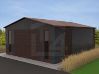 Garaż blaszany dwuspadowy Grafit 5 m x 5 m z bramą uchylną Orzech, okna witrynowe drzwi boczne