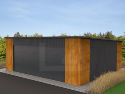 Garaż blaszany jednospadowy Grafit i MultiGloss 7 m x 6 m z bramą segmentową Grafit drzwi boczne