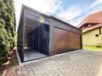 garaż blaszany jednospadowy z bramą segmentową orzech grafit wiata na zgłoszenie