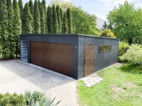 garaż blaszany jednospadowy z bramą segmentową orzech grafit wiata na zgłoszenie