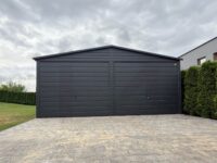 garaż blaszany 6x6 grafit dach dwuspadowy brama uchylna z bramami uchylnymi